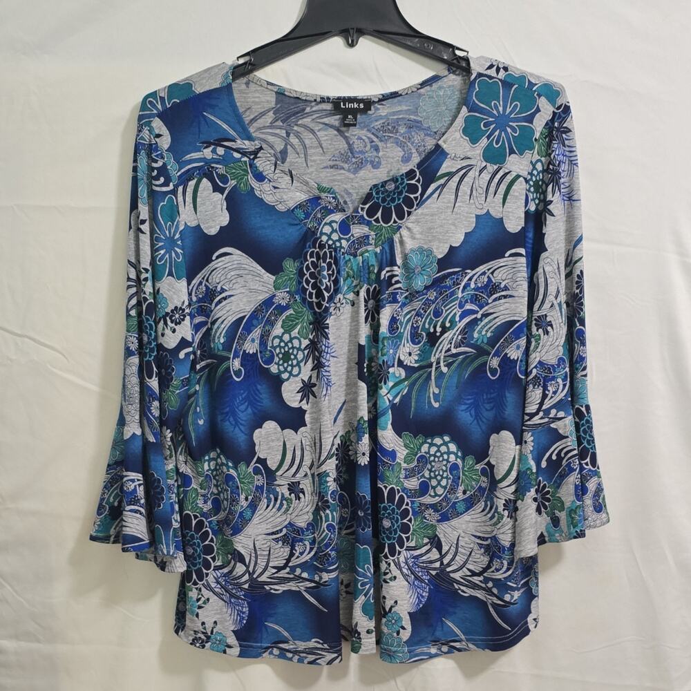 Links Womens XL Blue Gray Green Floral V-Neck Knit 3/4 Flared Sleeve Blouse